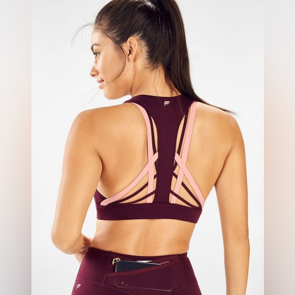Fabletics XS Winn Strappy Lattice Back Medium Impact Sports Bra - Wine/Blush